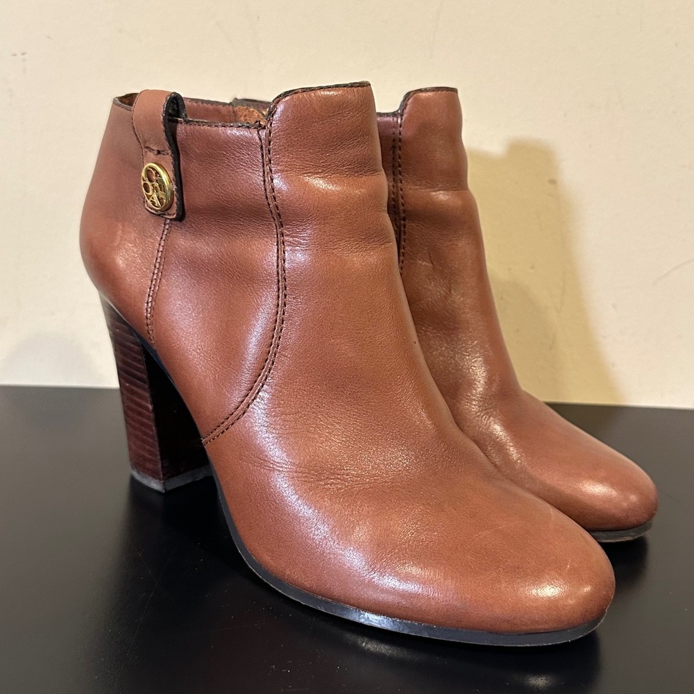 Coach Taylor Brown Leather Ankle Boots Block Heel Gold Logo A4173 Womens 9 B